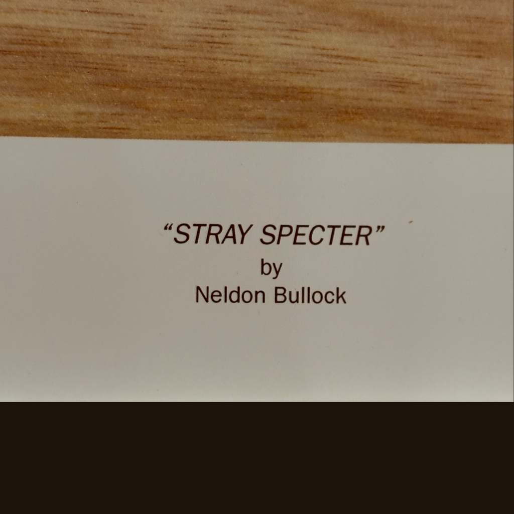 Text 'STRAY SPECTER by Neldon Bullock' on a wooden background